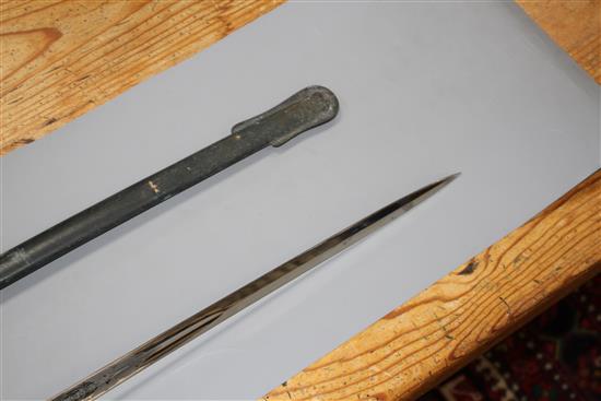 A Victorian infantry officers sword, the polished etched blade by J.B. Johnstone, gilt hilt and brass scabbard, blade 84cm, overall le